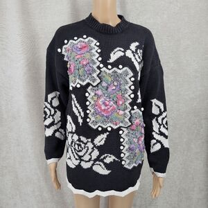 Rebecca Stone Vintage Black White Sweater Pink Purple 2D Flowers Cottagecore